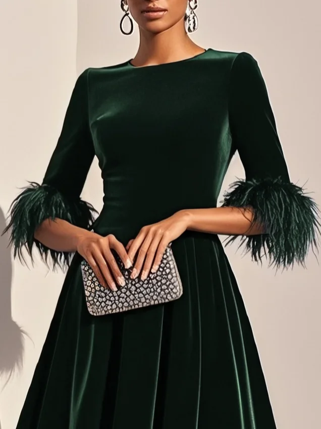 Milionera Luxe Dark Blue Velvet Midi Dress - Feather Trim A-Line