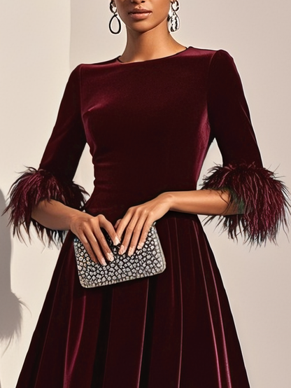 Milionera Luxe Dark Blue Velvet Midi Dress - Feather Trim A-Line