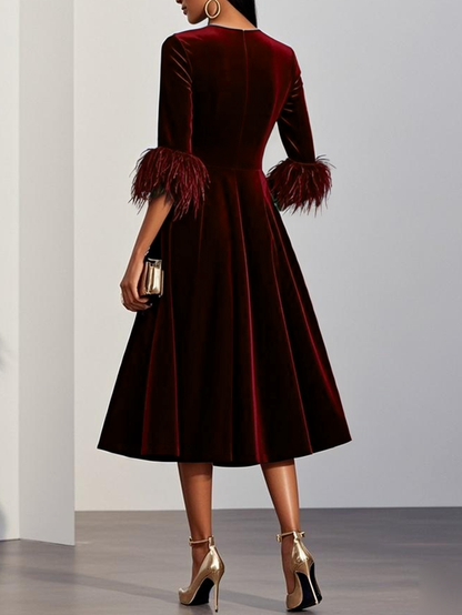 Milionera Luxe Dark Blue Velvet Midi Dress - Feather Trim A-Line