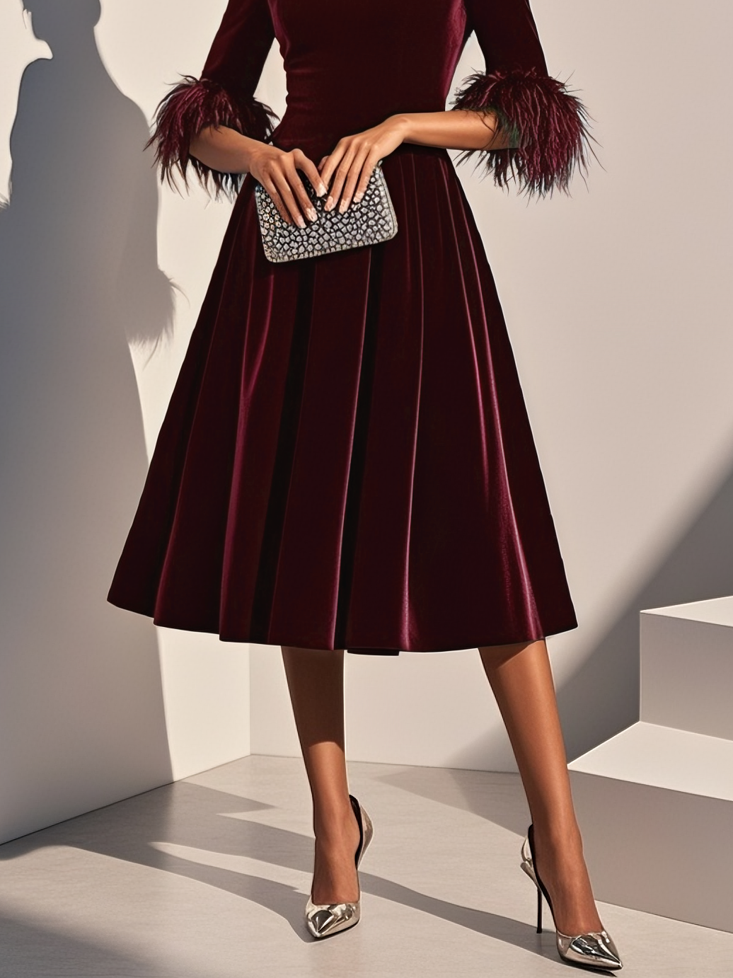 Milionera Luxe Dark Blue Velvet Midi Dress - Feather Trim A-Line