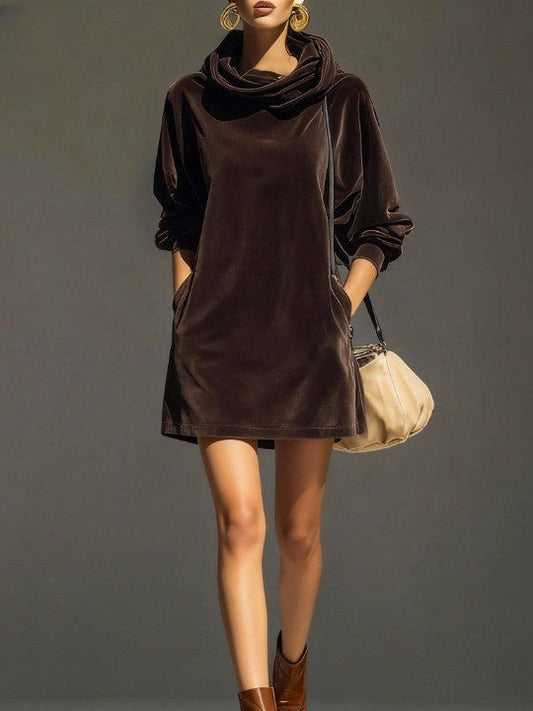 Chicyis Vintage Brown Velvet Hooded Oversized Mini Dress